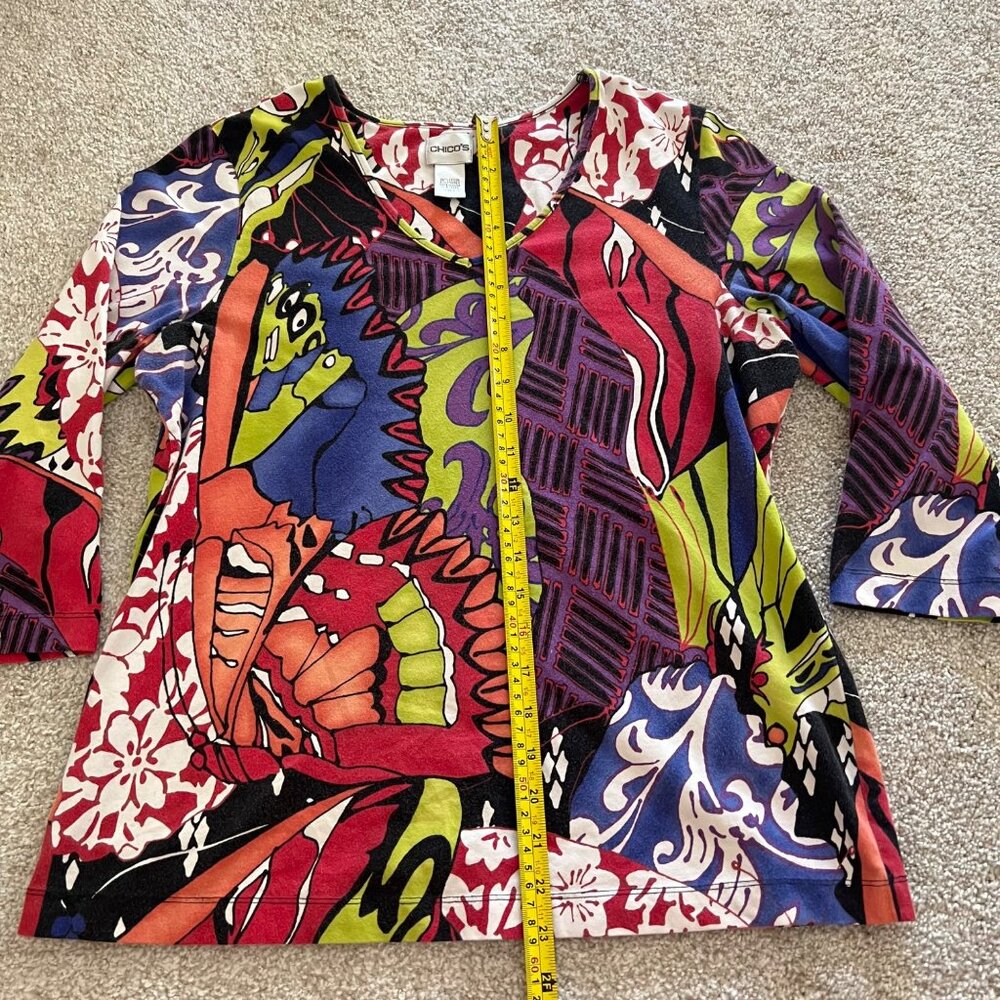 Vintage y2k Retro Colorful Abstract Stretchy V-neck Top with 3/4 Sleeves - Picture 7 of 9